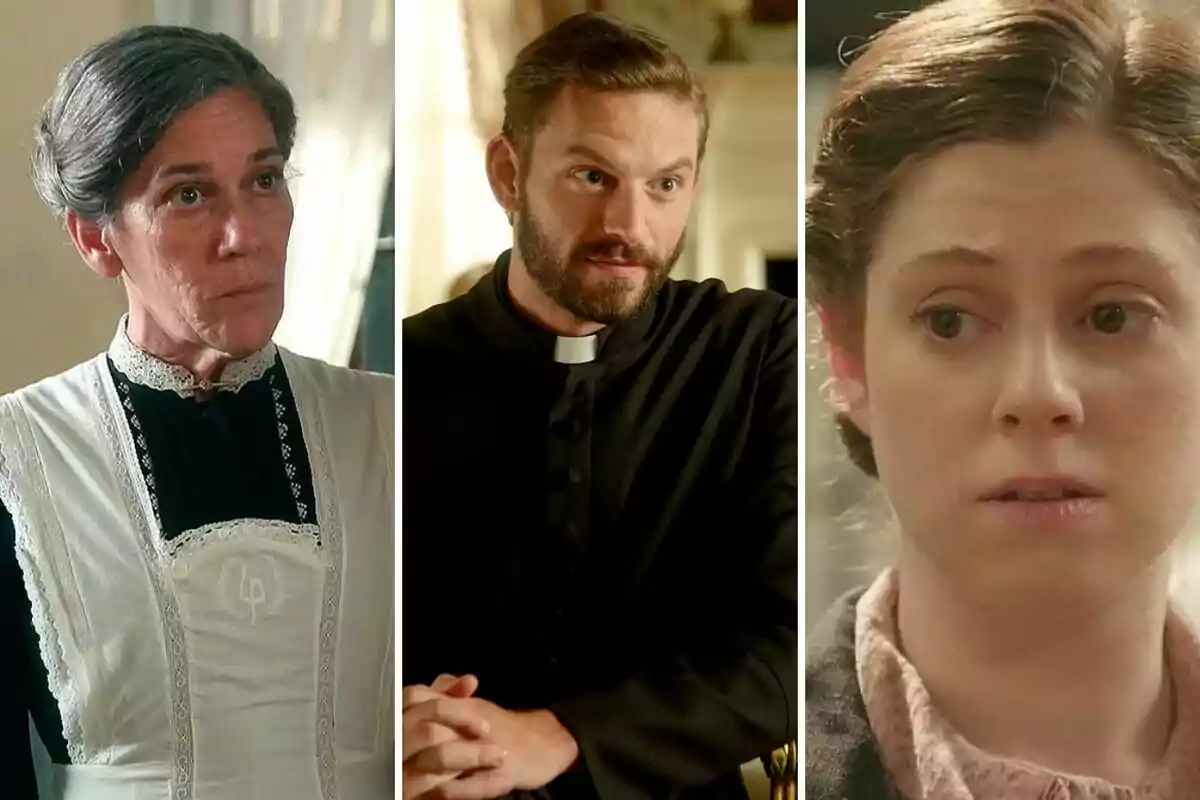 Petra, el padre Fernández y María Fernández de una serie de época, una mujer mayor con uniforme de sirvienta, un hombre joven vestido de sacerdote y una mujer joven con expresión preocupada. Petra, el padre Fernández y María Fernández de una serie de época, una mujer mayor con uniforme de sirvienta, un hombre joven vestido de sacerdote y una mujer joven con expresión preocupada.