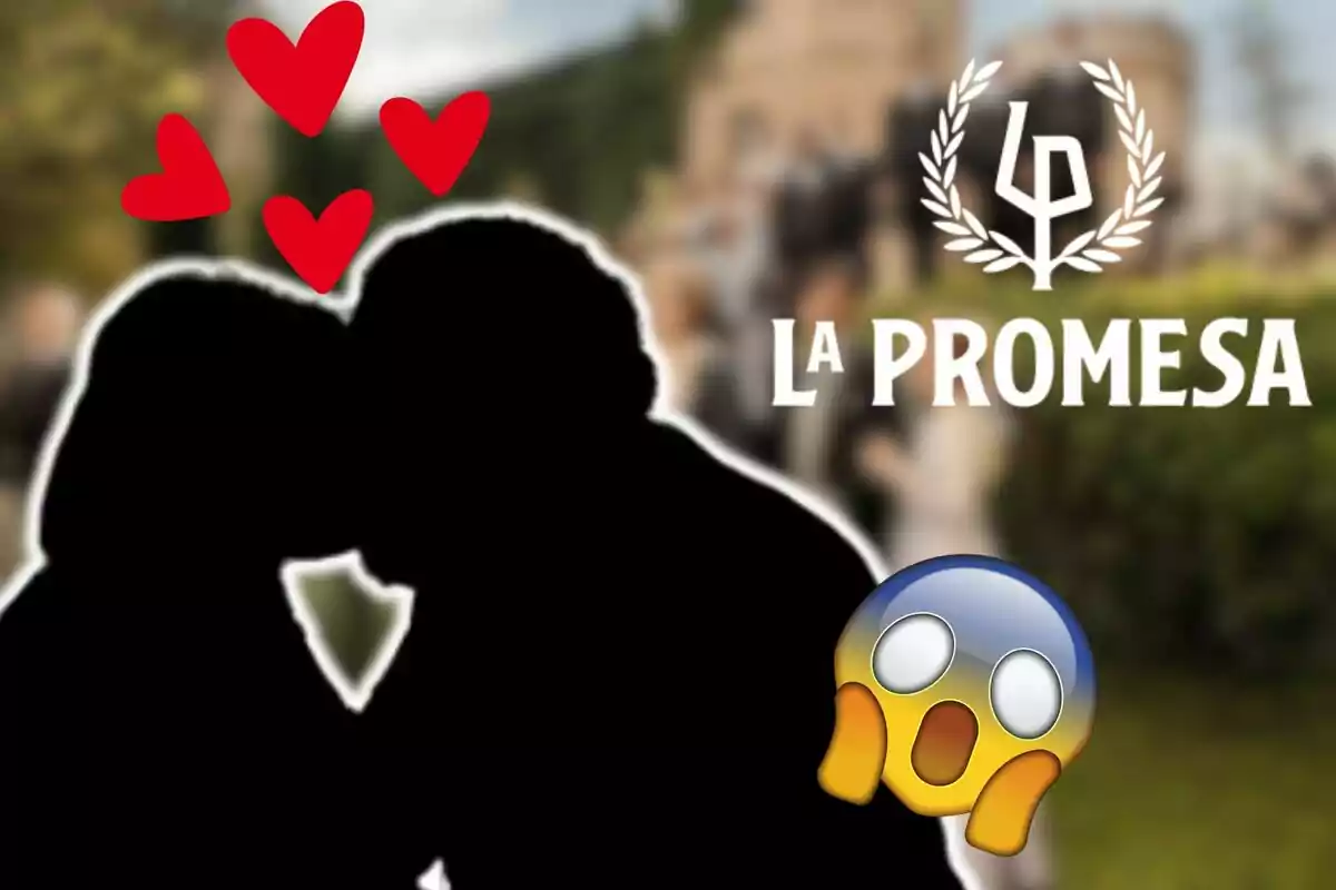Montaje de la silueta de dos personajes de La Promesa dandose un beso, el logo de la serie y una cara sorprendida