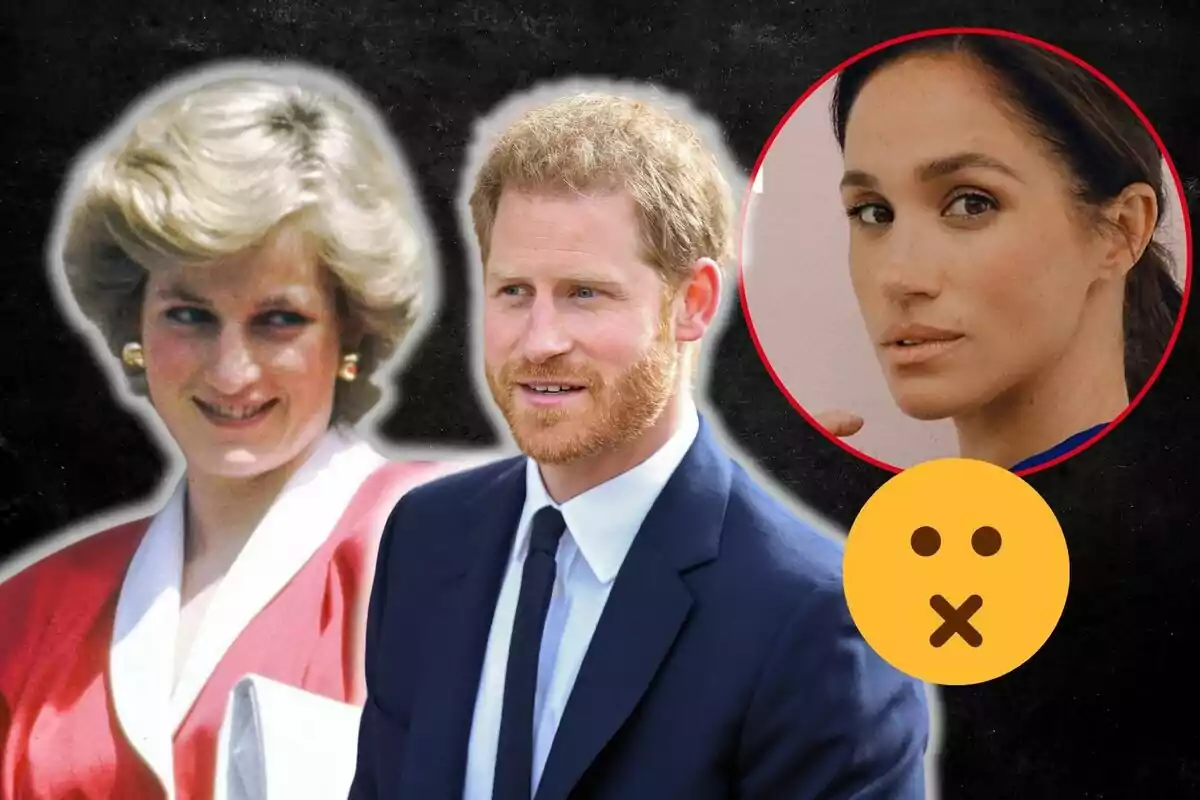 Lady Di, el príncipe Harry y Meghan Markle en un montaje fotográfico con un fondo oscuro, una de ellas está dentro de un círculo rojo y hay un emoji de cara con la boca cerrada.