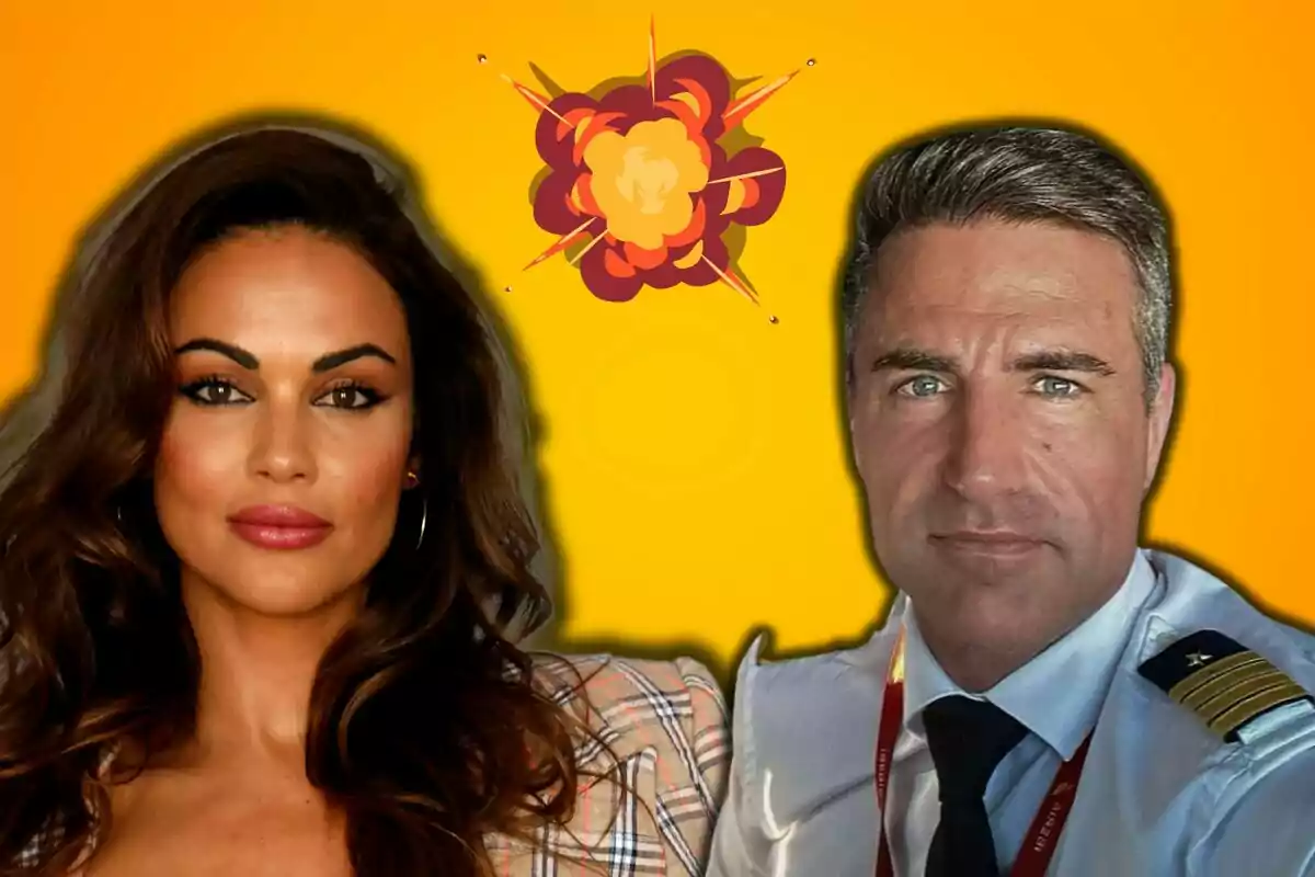 Lara Álvarez y Perico Durán posan frente a un fondo amarillo con una ilustración de explosión en el centro.
