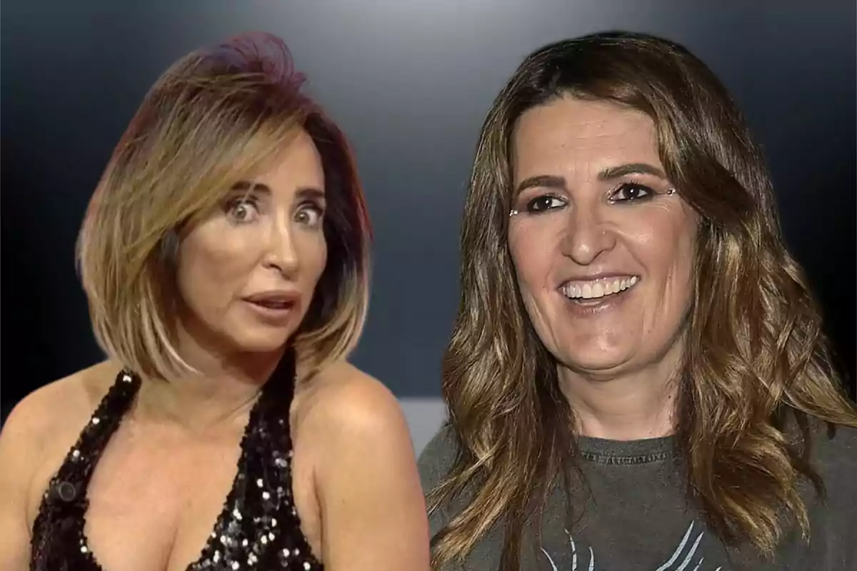 Dos mujeres con expresiones faciales diferentes, una con un vestido negro brillante y la otra con una camiseta gris, sobre un fondo oscuro.