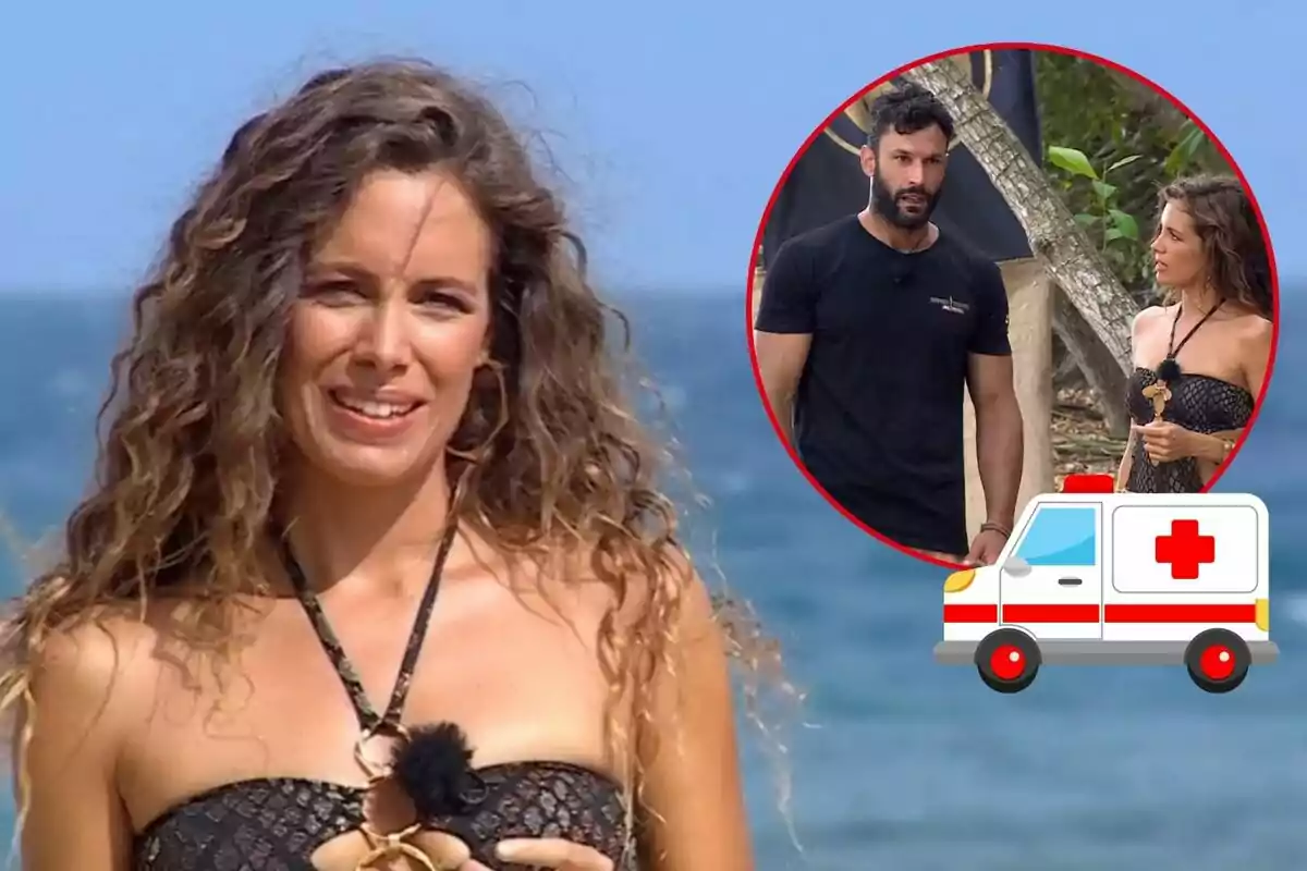 Laura Madrueño con cabello rizado y vestido negro está en la playa, con una imagen insertada de ella hablando con Jorge Pérez y un ícono de ambulancia.