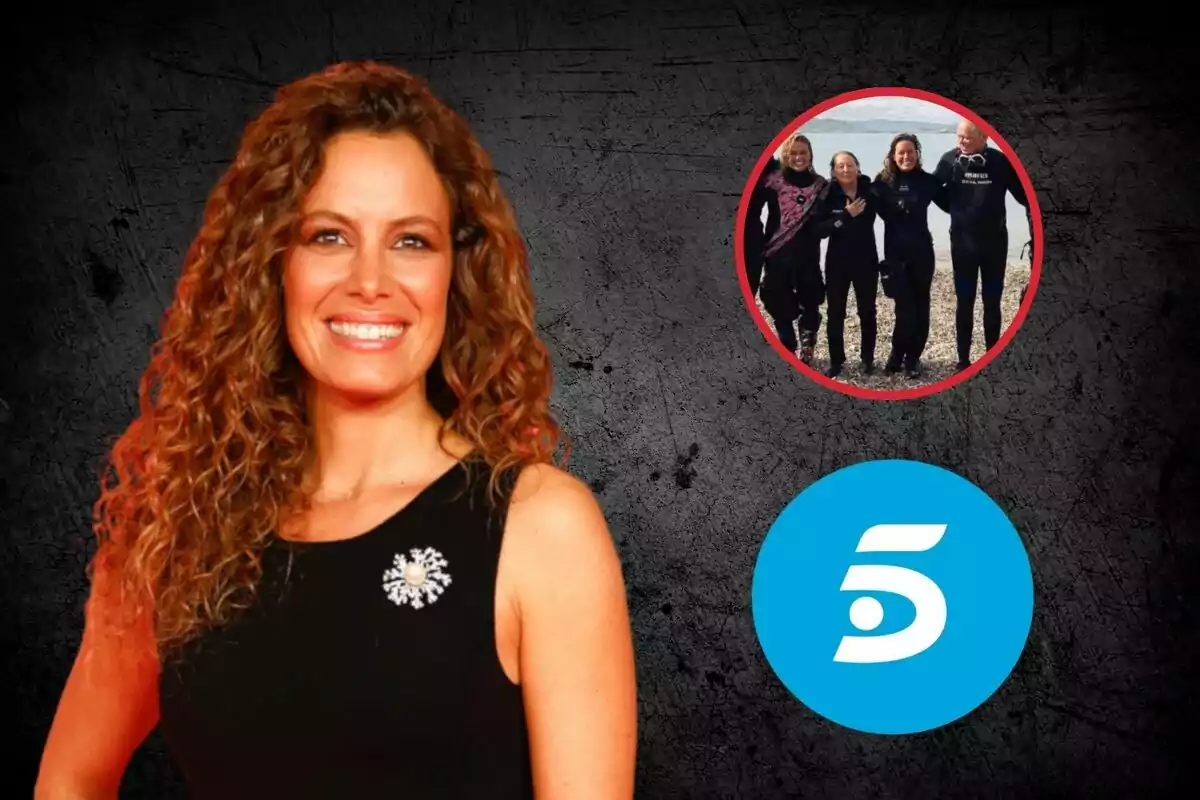 Una mujer con cabello rizado y una sonrisa, vestida con un vestido negro y un broche, aparece en primer plano; en la esquina superior derecha hay una imagen circular de cuatro personas en la playa y en la parte inferior derecha está el logotipo de un canal de televisión.