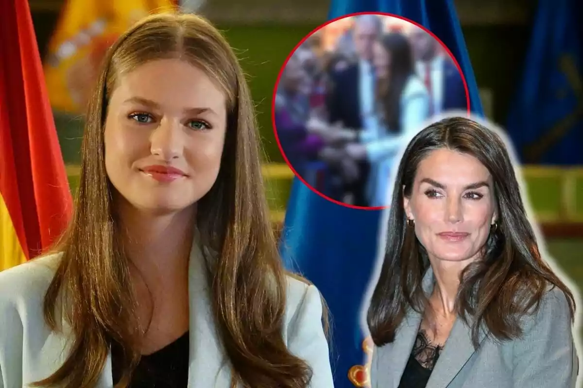 Leonor con cabello largo y lacio sonríe frente a una bandera, mientras que Letizia de cabello oscuro aparece en la esquina inferior derecha; en un círculo rojo se observa una imagen borrosa de un evento social.