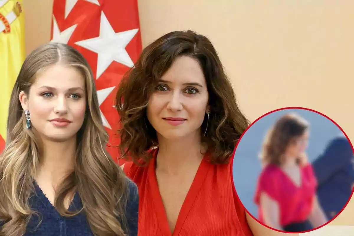 Leonor y Isabel Díaz Ayuso posando frente a una bandera de Madrid, Isabel lleva un vestido rojo y Leonor un vestido azul, en la esquina inferior derecha hay un círculo con una imagen borrosa de Isabel con blusa roja.