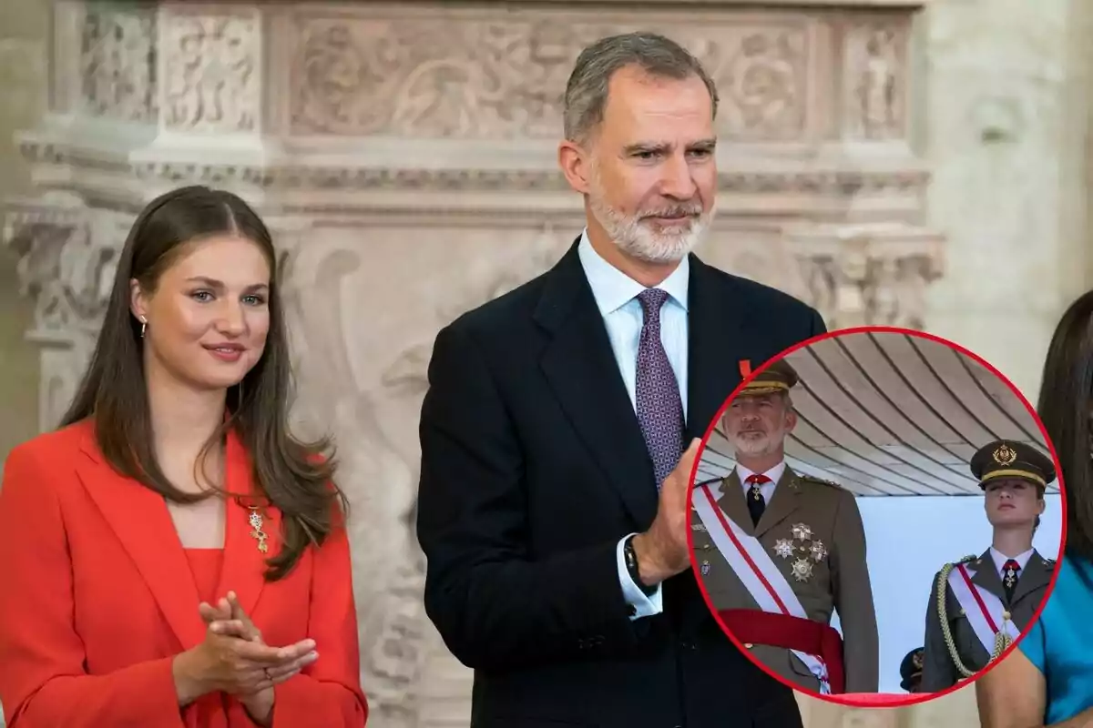 Leonor y Felipe VI, ambos elegantemente vestidos, aplauden en un evento formal; en un círculo superpuesto, se les ve en uniformes militares.