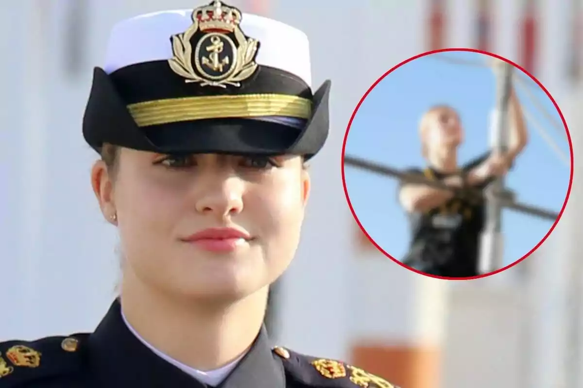 Leonor con uniforme naval y gorra blanca con un emblema dorado, en un recuadro se ve a la misma persona realizando una actividad en un mástil.