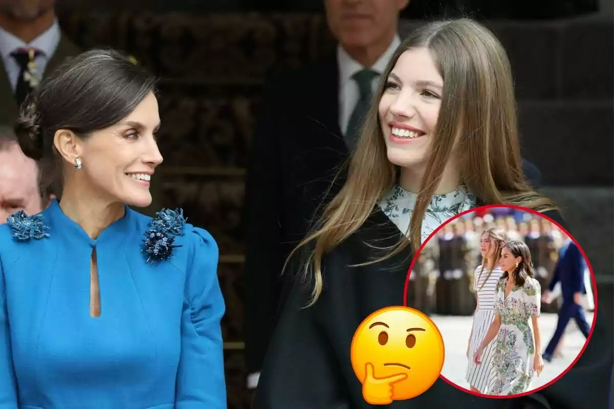 Letizia y la infanta Sofía sonrientes, Letizia con un vestido azul y Sofía con una blusa estampada, con un emoji pensativo y una imagen insertada de ellas caminando juntas.