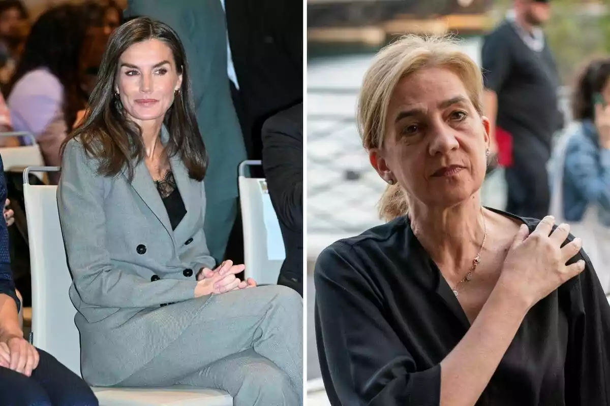 Letizia y la infanta Cristina en diferentes entornos, una sentada en un evento formal y la otra al aire libre. Letizia y la infanta Cristina en diferentes entornos, una sentada en un evento formal y la otra al aire libre.