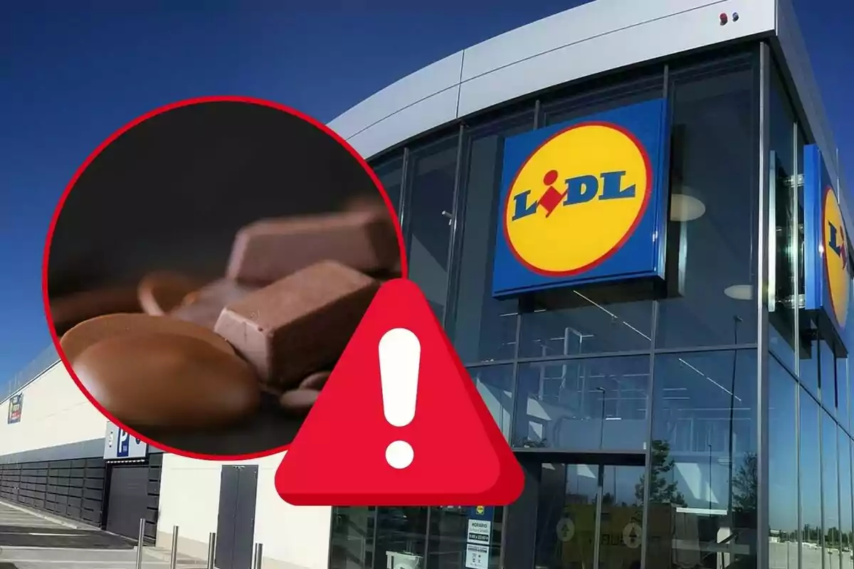 Fachada de una tienda Lidl con un símbolo de advertencia y una imagen de chocolates.