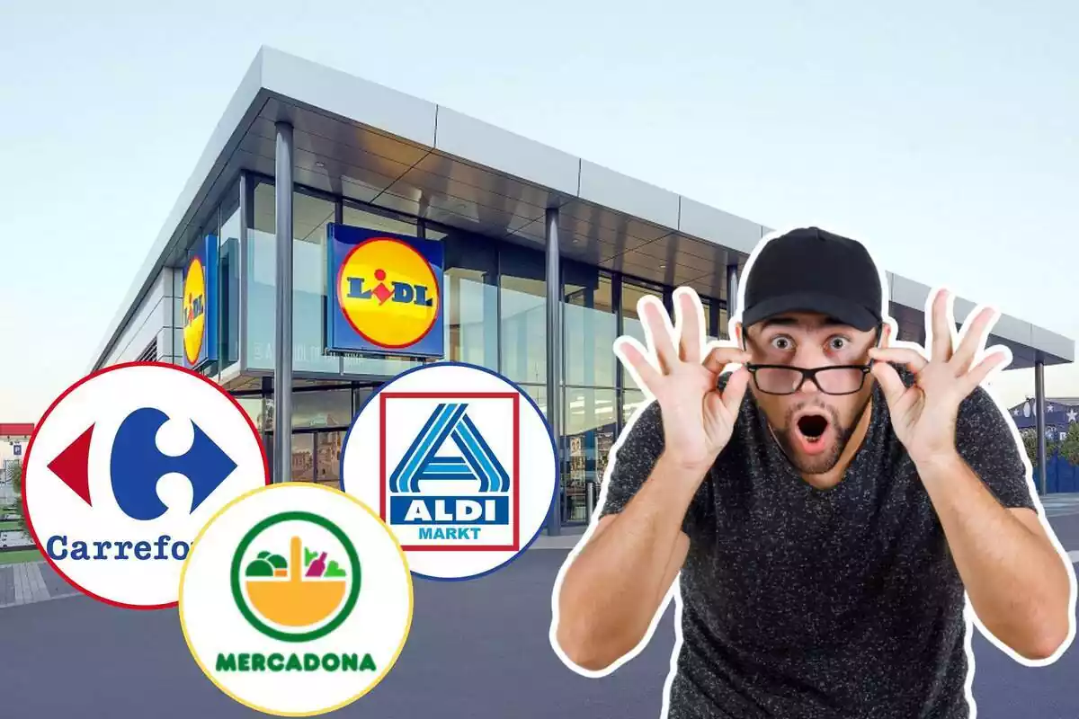 Montaje con el fondo de una tienda de Lidl, los logos de Aldi, Mercadona, Carrefour y un chico sorprendido