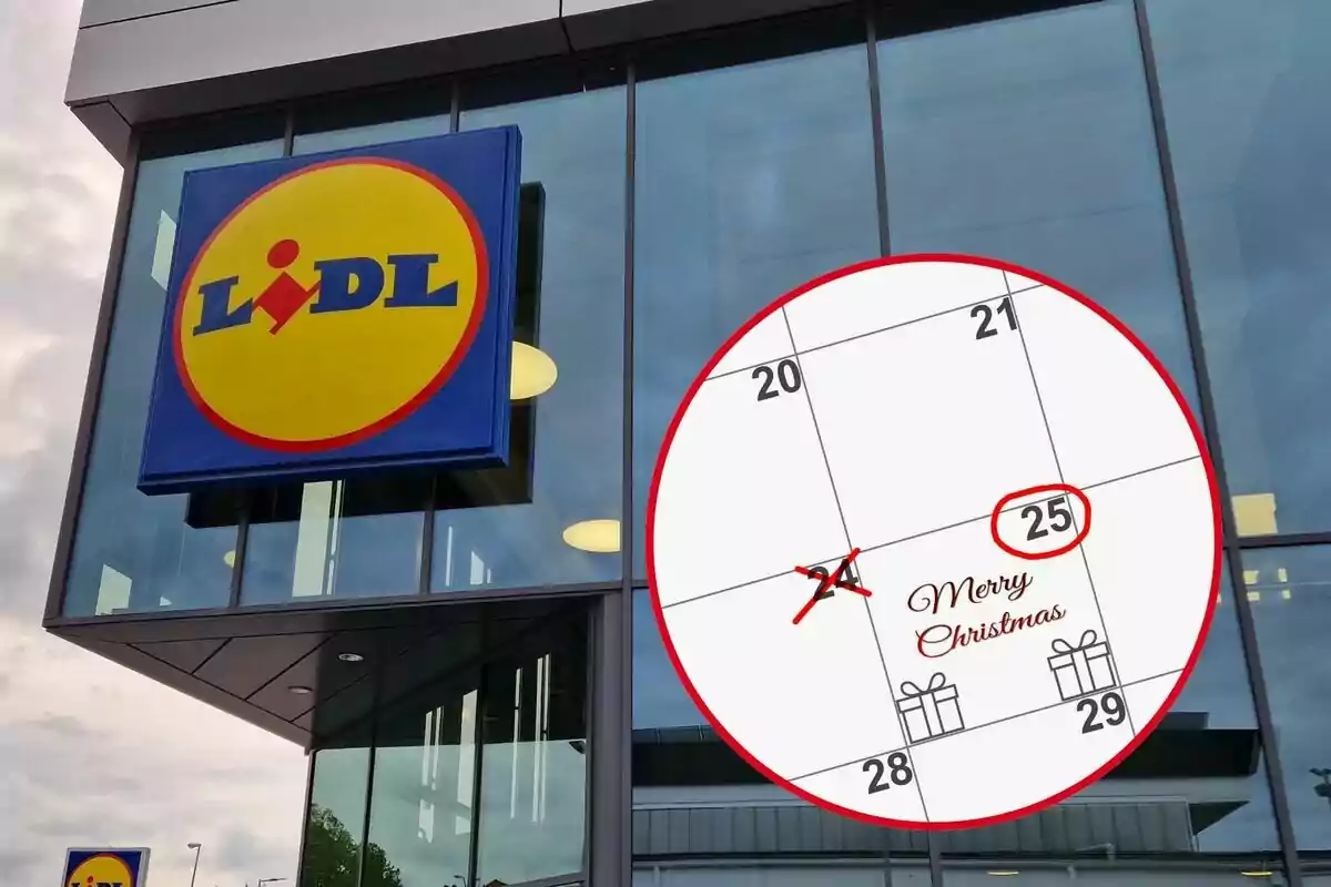 Fachada de una tienda Lidl con un calendario que muestra el 25 de diciembre marcado como Navidad.