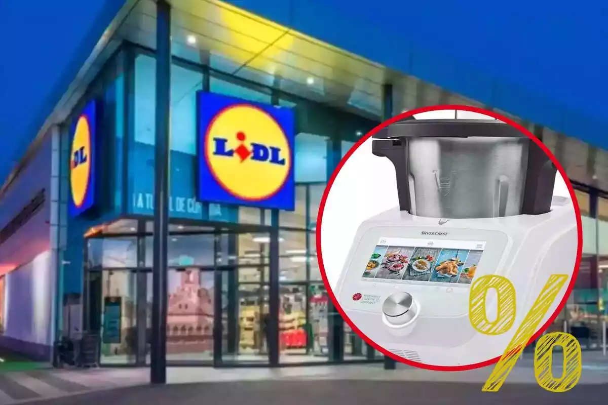 Montaje con el exterior de una tienda de Lidl, un círculo con la thermomix Monsieur Cuisine Connect y un signo de porcentaje