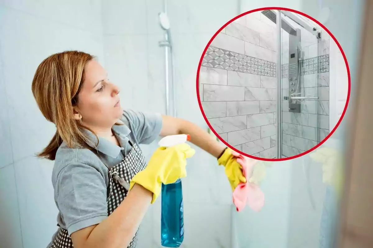 Persona limpiando una ducha con guantes amarillos y un producto de limpieza en spray.