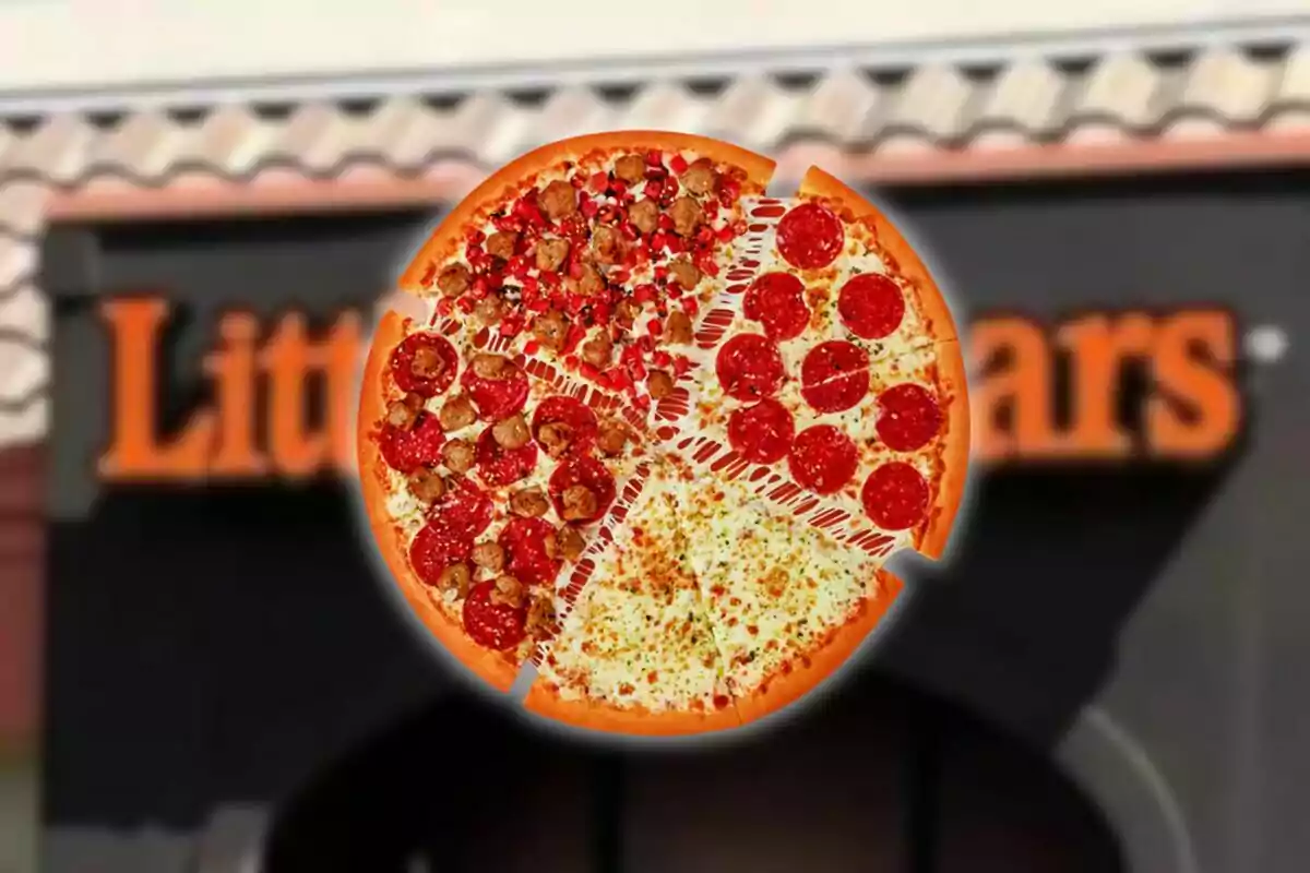 Pizza with different toppings floating in front of a pizzeria with a blurred sign Pizza with different toppings floating in front of a pizzeria with a blurred sign