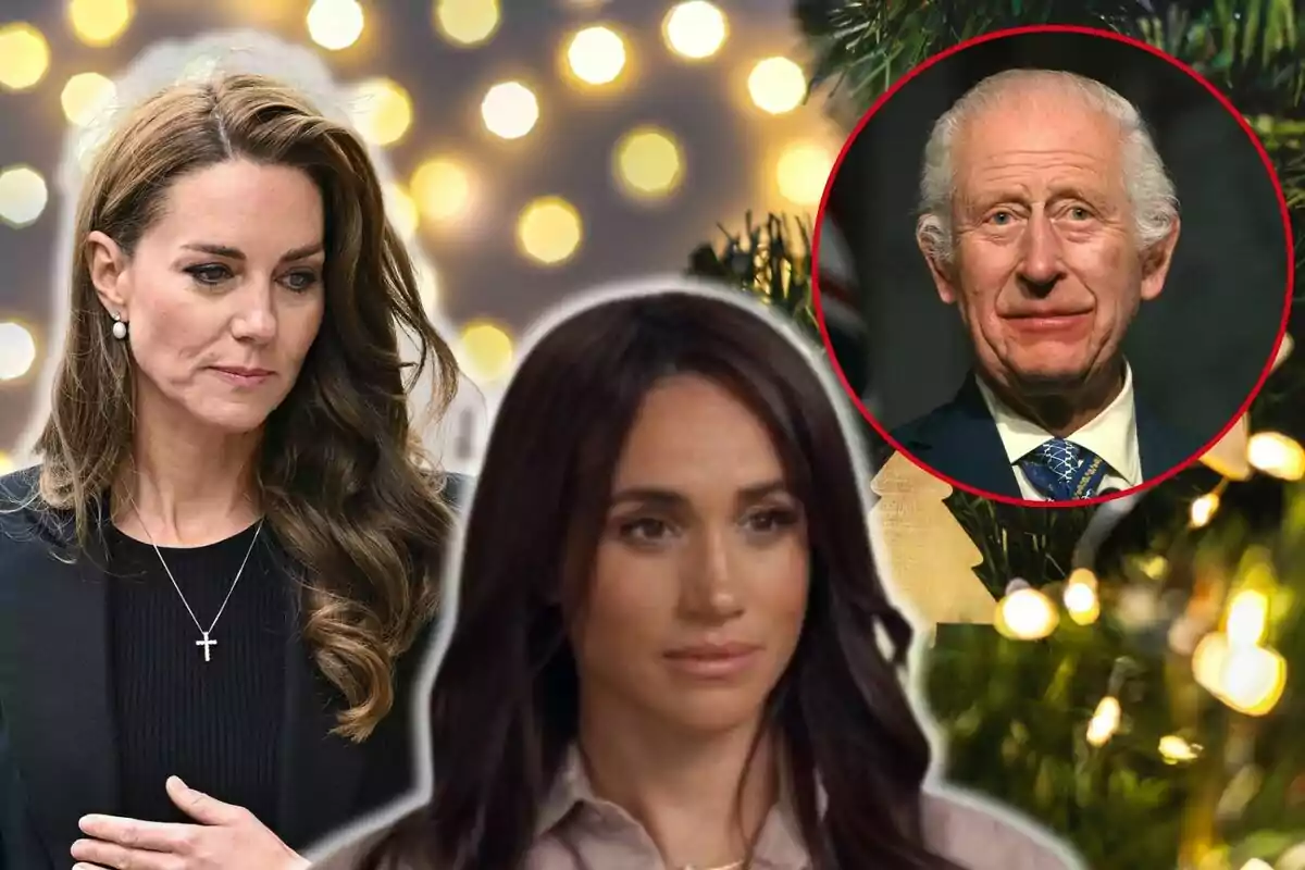 Kate Middleton, Meghan Markle y Carlos III en un montaje fotográfico con luces de fondo y un árbol de Navidad.