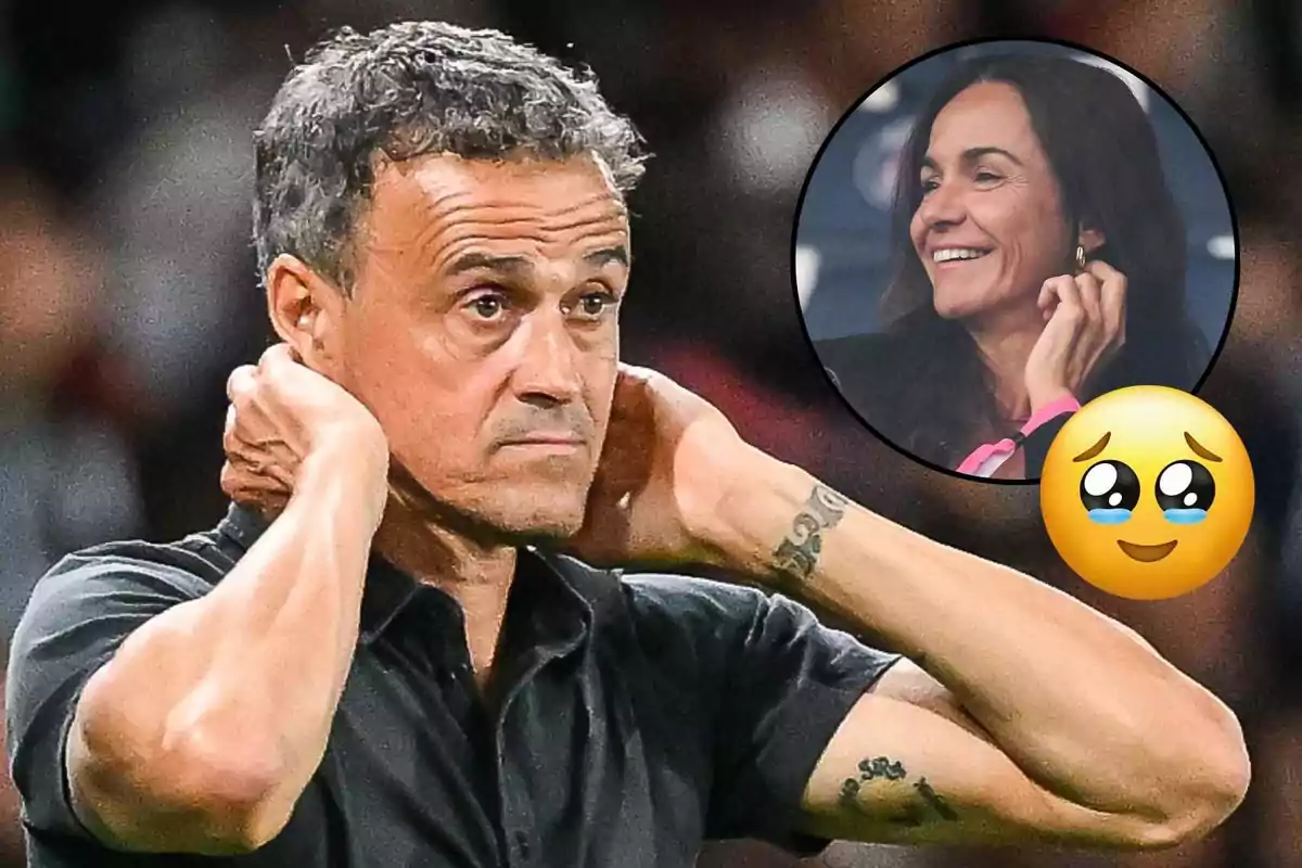Luis Enrique con expresión seria tocándose el cuello mientras en la esquina superior derecha aparece el rostro sonriente de Elena Cullell enmarcado en un círculo junto a un emoji de carita con ojos llorosos