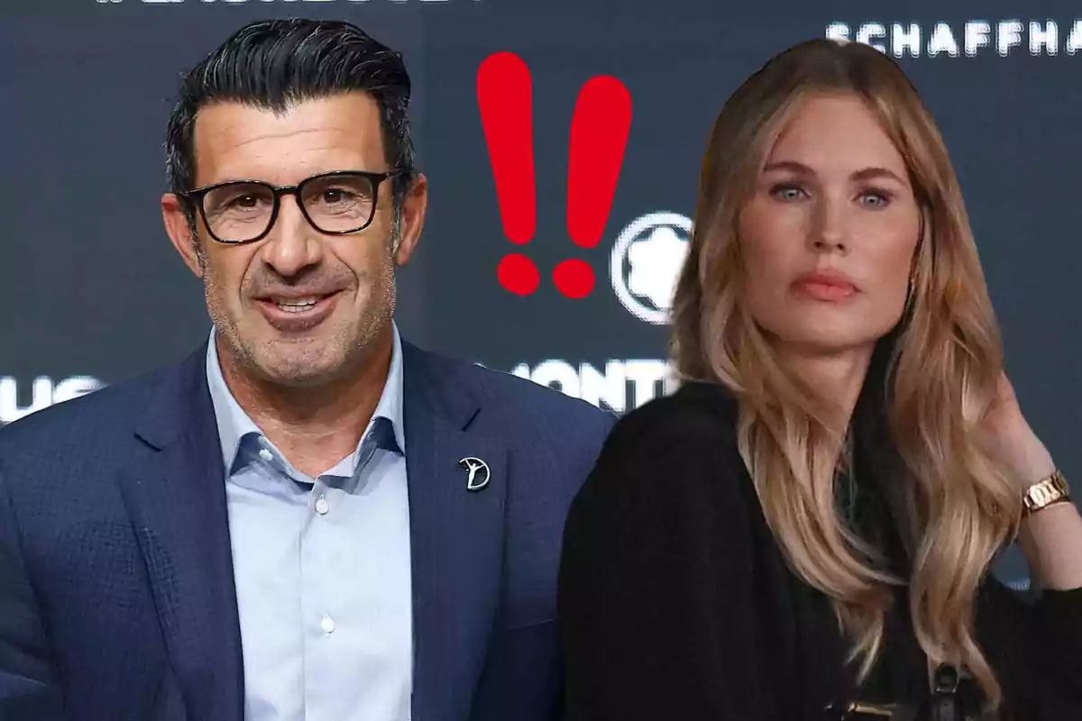 Luis Figo and Helen Svedin posing together at an event with a dark background and a red exclamation mark between them.