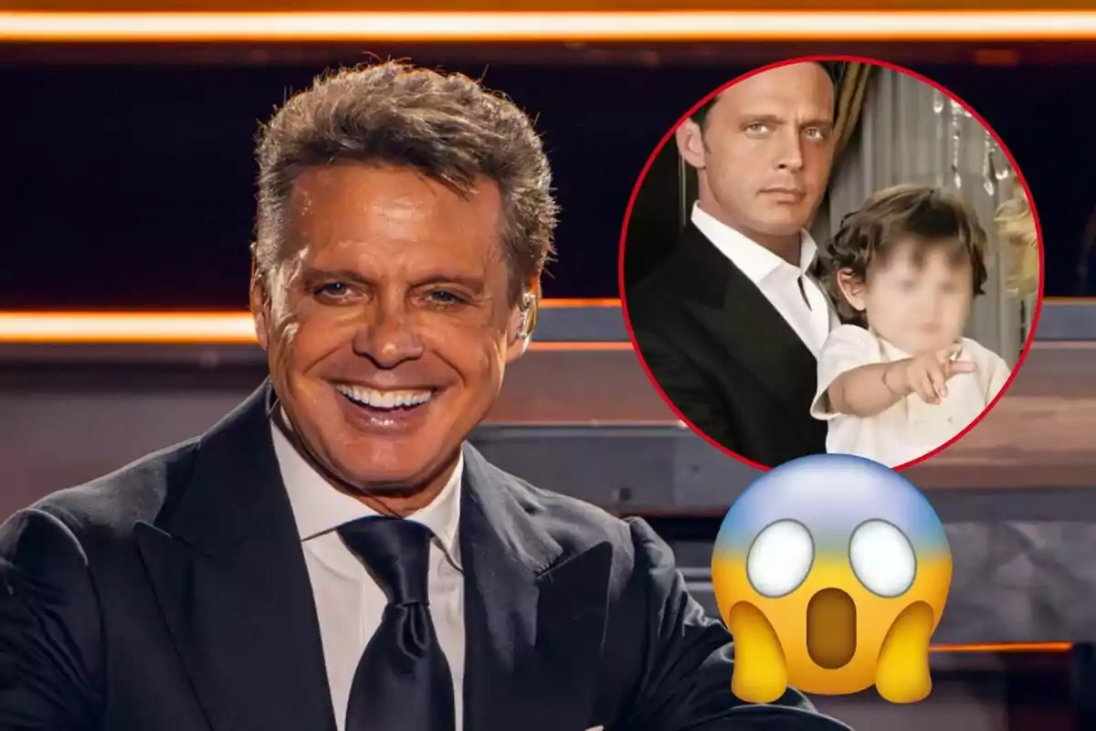 Luis Miguel sonriente con traje oscuro y corbata, con un círculo que muestra a él y un niño desenfocado, junto a un emoji sorprendido.