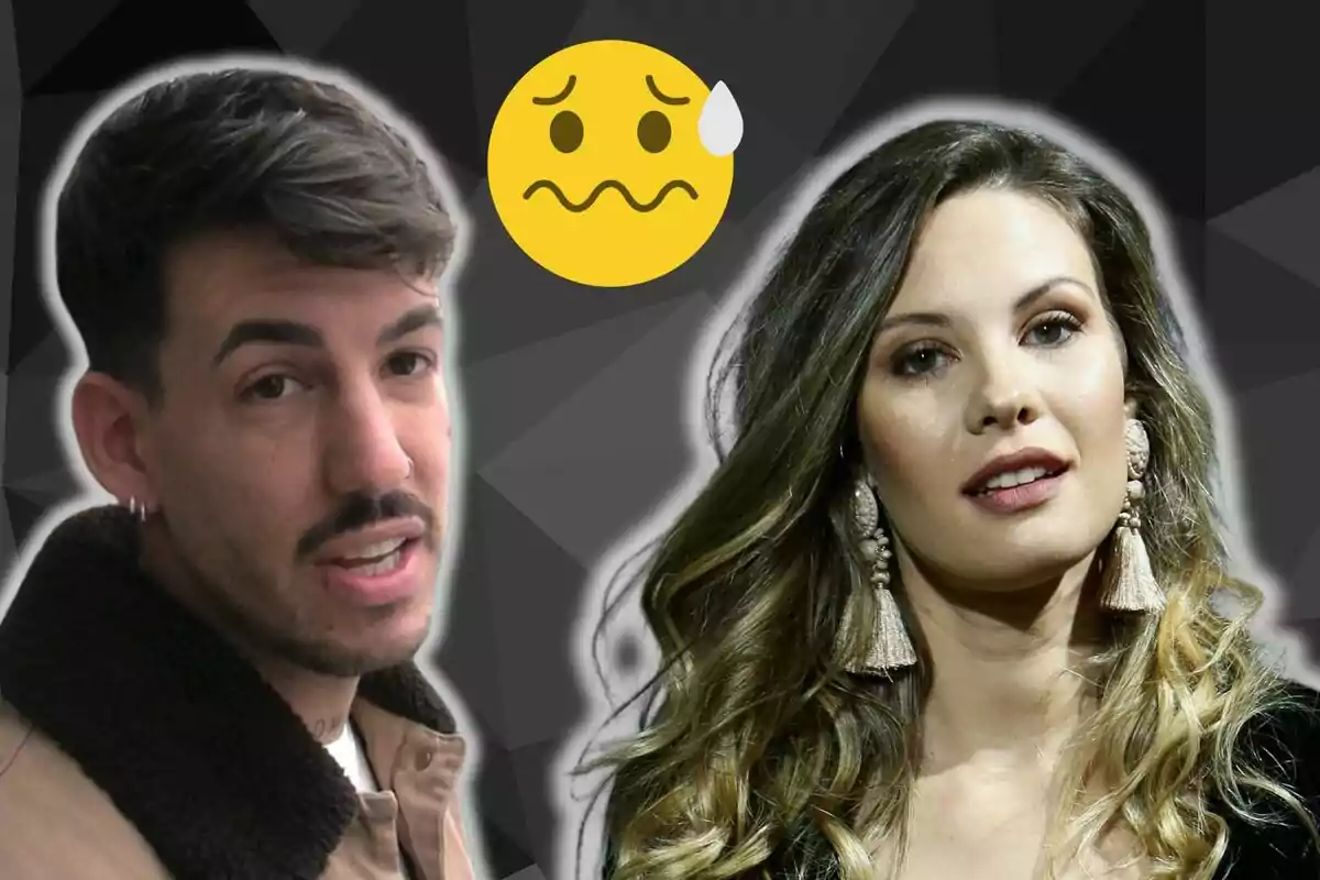 Luitingo y Jessica Bueno con un emoji de cara preocupada sobre un fondo geométrico oscuro.