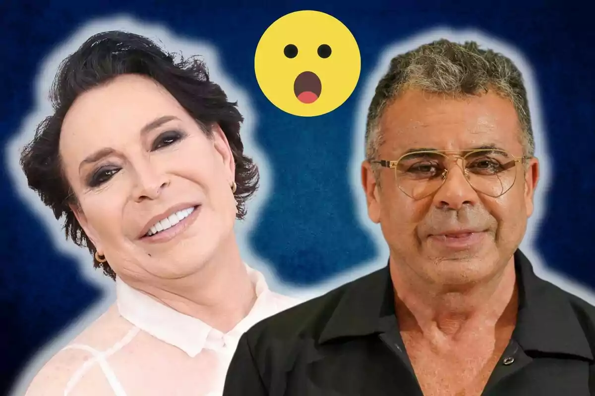 The Maestro João and Jorge Javier Vázquez smiling with a surprised emoji in the center on a blue background.