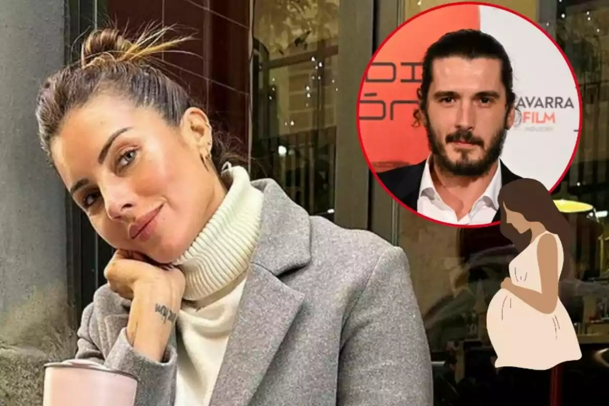 Magalí Aravena con un suéter de cuello alto y un abrigo gris, sentada en un café, con una imagen de Yon González en un círculo rojo en la esquina superior derecha y una ilustración de una mujer embarazada en la parte inferior derecha.