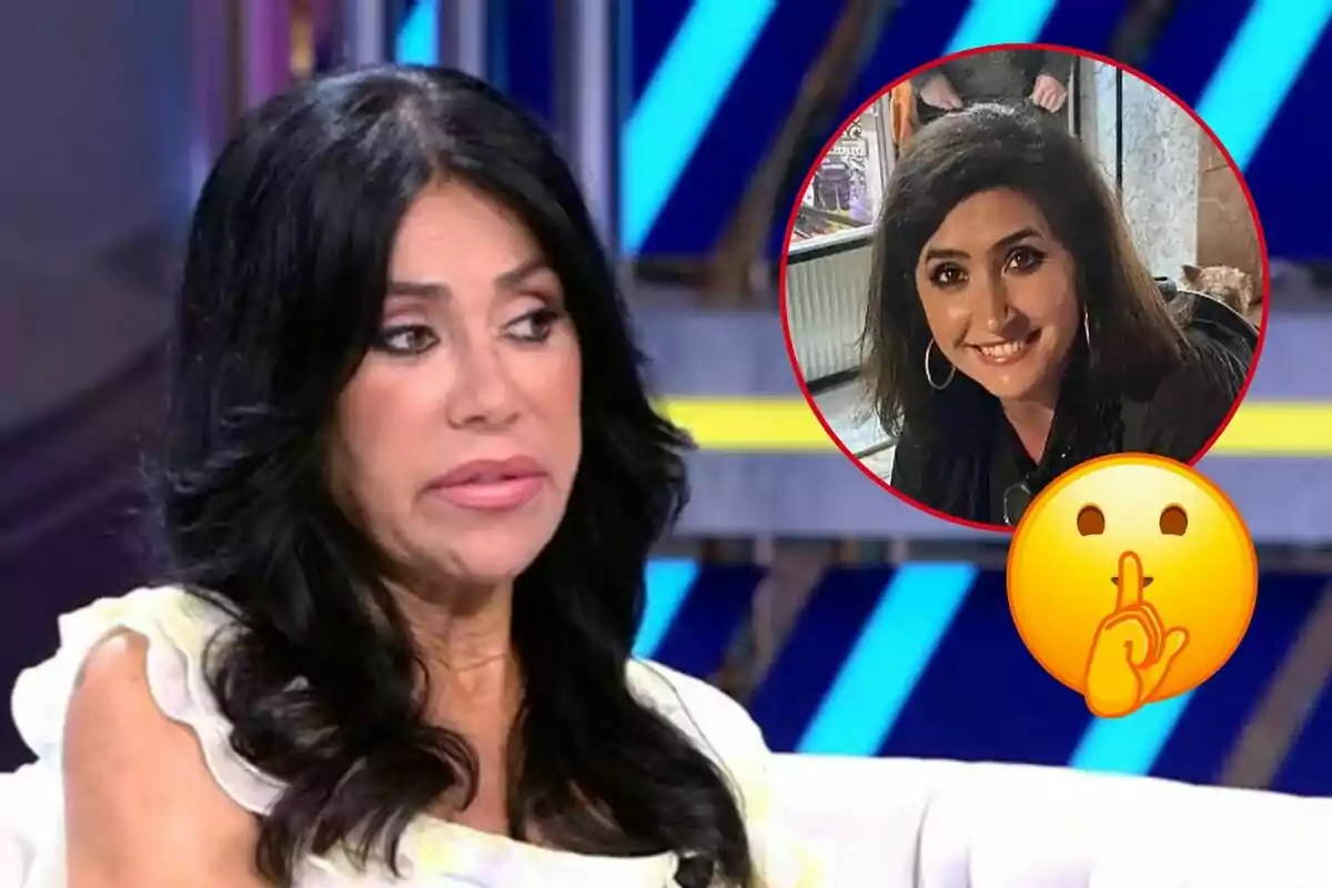 Maite Galdeano en un programa de televisión con una imagen circular de Carmina Jiménez sonriendo y un emoji de silencio superpuesto.