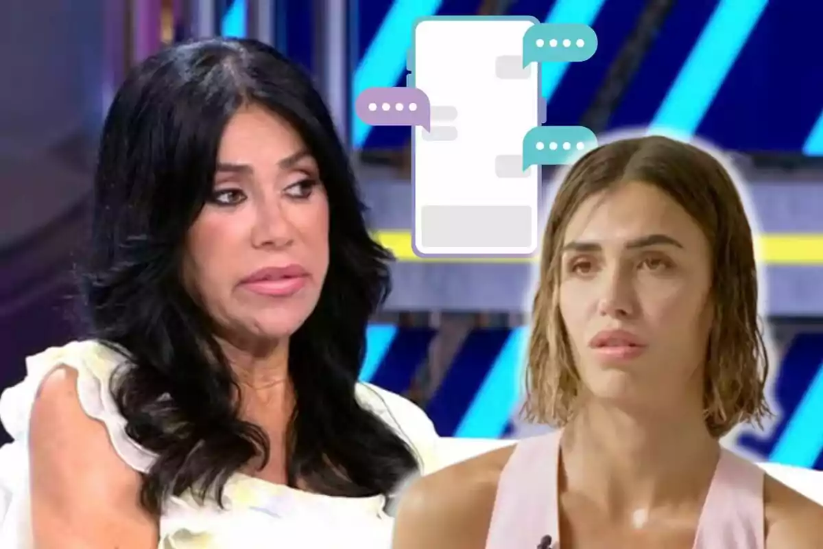 Maite Galdeano y Sofía Suescun en un programa de televisión con un gráfico de mensajes de texto superpuesto.