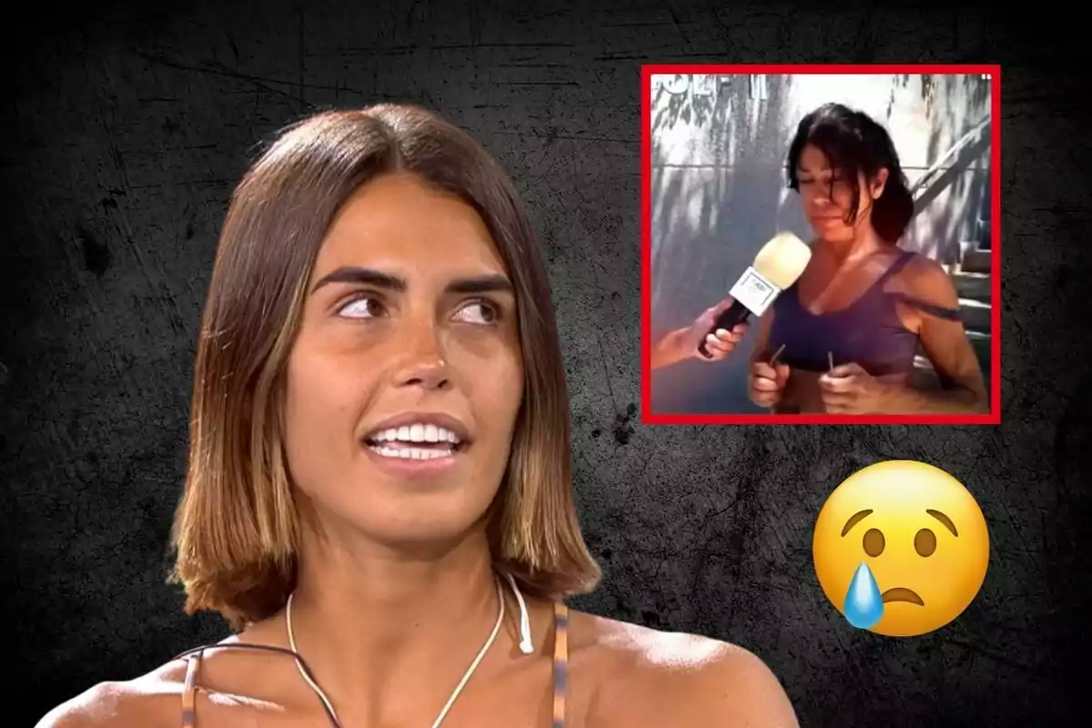 Sofía Suescun con cabello corto y castaño claro está sonriendo y mirando hacia un lado, mientras que en la esquina superior derecha hay una imagen más pequeña de otra mujer siendo entrevistada con un micrófono, y un emoji de cara triste con una lágrima está colocado en la parte inferior derecha.