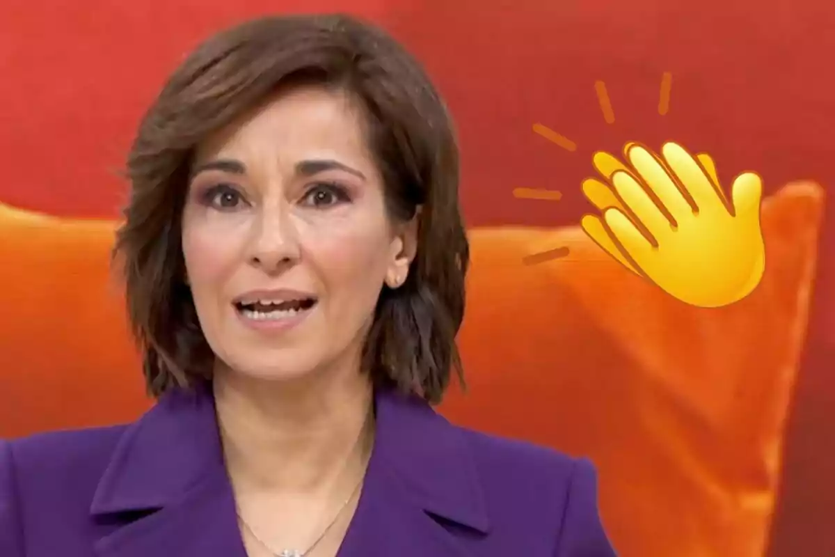 Adela González with brown hair and a purple jacket appears in the foreground with a clapping emoji in the background on an orange background.