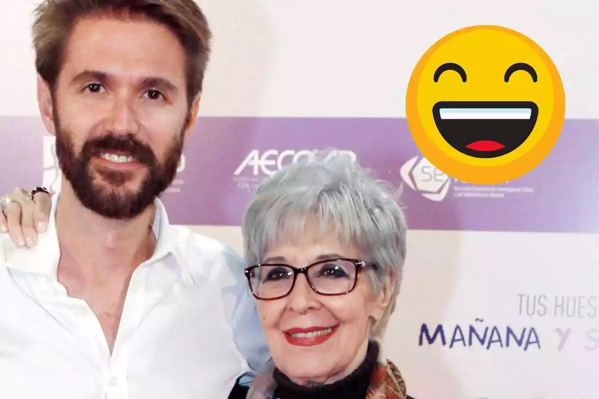 Montaje de Manuel Velasco y Concha Velasco juntos sonriendo y un emoji feliz