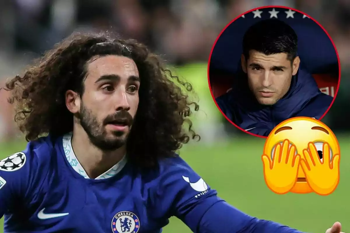 Marc Cucurella con el uniforme del Chelsea en el campo de juego, con una imagen de Álvaro Morata en un círculo rojo en la esquina superior derecha y un emoji de cara con manos cubriendo los ojos.