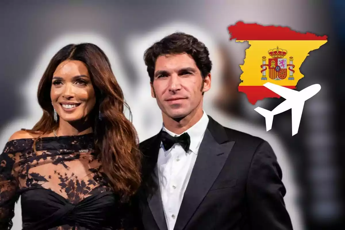 María Cerqueira y Cayetano Rivera vestida de gala con un mapa de España y un avión en el fondo.