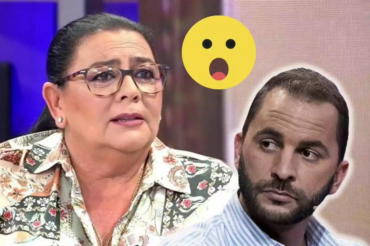 María del Monte y Antonio Tejado en un programa de televisión con una expresión de sorpresa representada por un emoji.