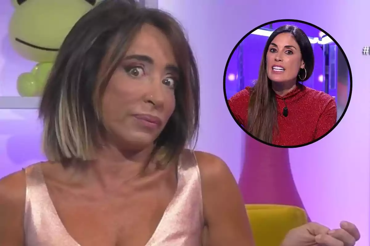 Montaje de María Patiño, con expresión sorprendida en 'Ni que fuéramos', e Isabel Rábago, en un círculo hablando en televisión