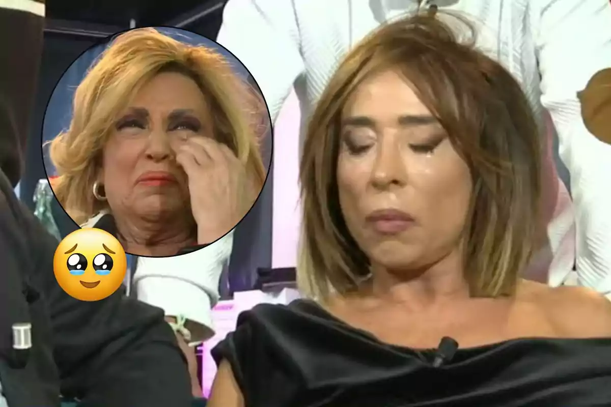 María Patiño con los ojos cerrados parece estar llorando, mientras en un recuadro se muestra a Lydia Lozano también llorando y tocándose el rostro, junto a un emoji de cara llorando.