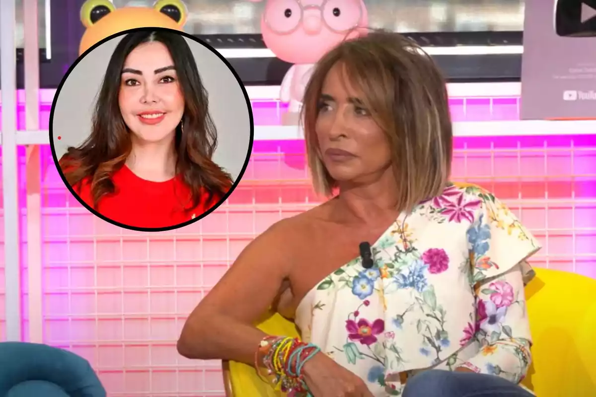 María Patiño con blusa de flores está sentada en un sillón amarillo, mientras que en un círculo se muestra el retrato de Patricia Donoso con cabello oscuro y suelto.