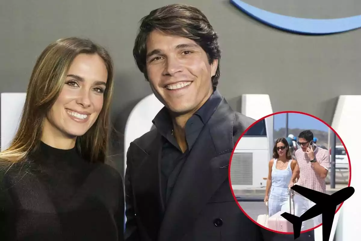 María Pombo y Pablo Castellano sonriente posando para una foto, con una imagen insertada en la esquina inferior derecha que muestra a ellos caminando con maletas y un icono de avión.