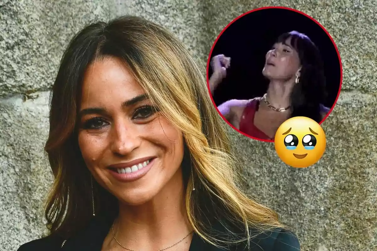 María Verdoy sonriente con cabello rubio oscuro y ondulado, con una imagen circular en la esquina superior derecha que muestra a Aitana con expresión emotiva y un emoji de carita llorando de felicidad.