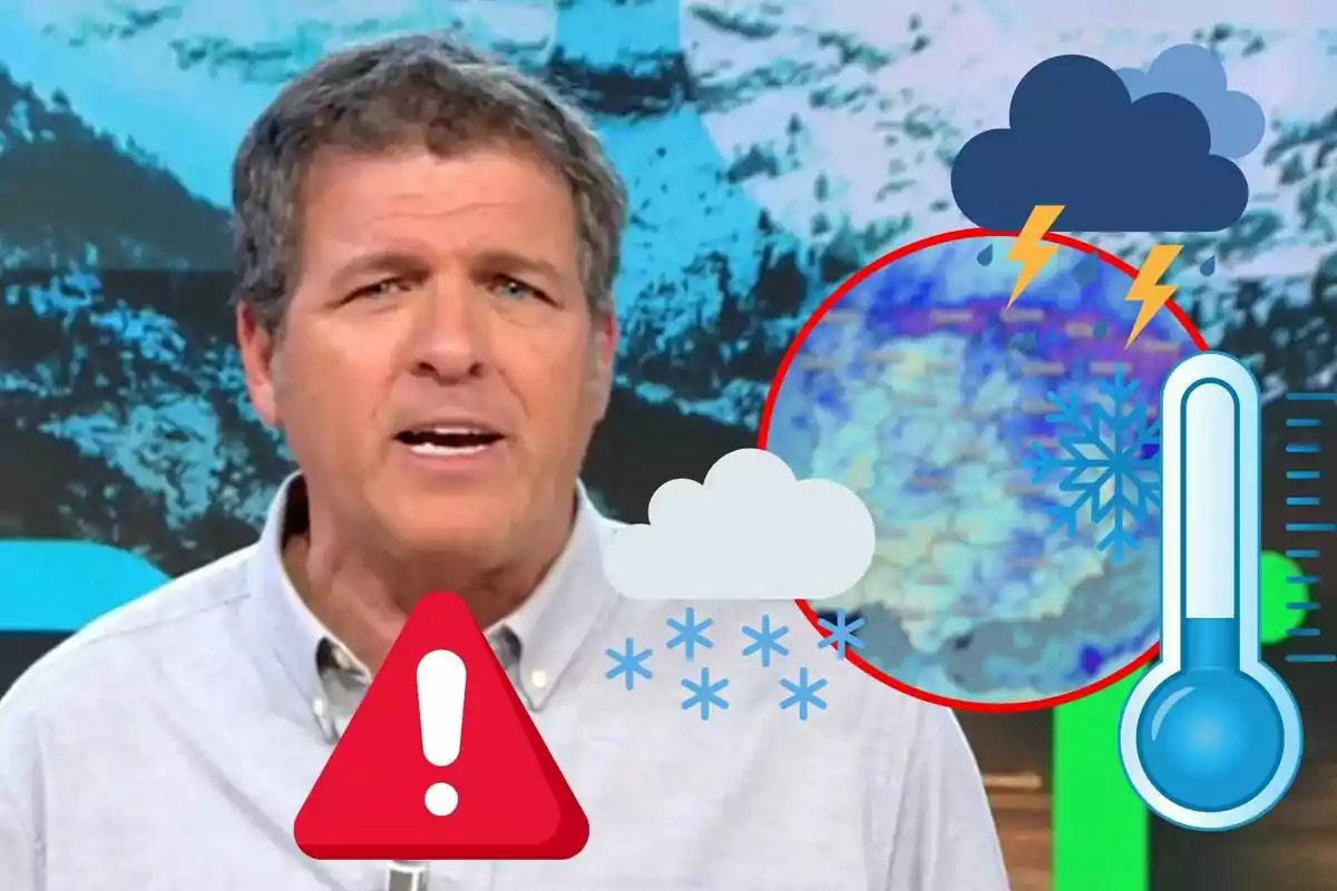 Un hombre en una pantalla de televisión con gráficos de advertencia meteorológica, incluyendo un termómetro, un símbolo de tormenta y un icono de alerta.