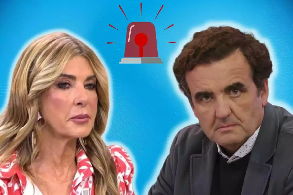 Marisa Martín-Blázquez and Antonio Montero with serious expressions on a blue background with a red mermaid in the center.