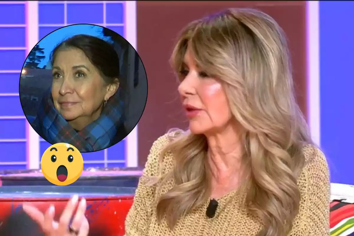 Marisa Martín-Blázquez de cabello rubio está hablando en un programa de televisión, mientras que en un recuadro se muestra el rostro de Lourdes Ornelas con una bufanda a cuadros y un emoji sorprendido.