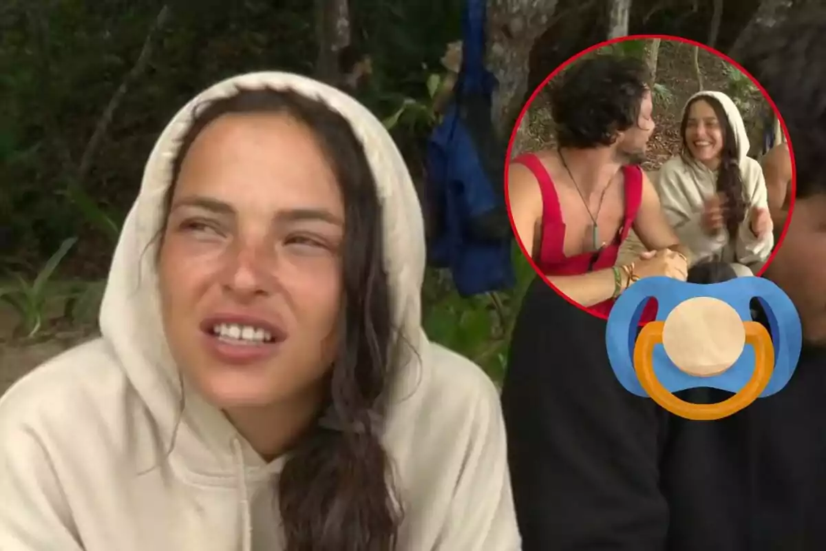 Marta Peñate con sudadera con capucha clara en un entorno al aire libre, con una imagen insertada en un círculo rojo que muestra a ella sonriendo y conversando con Bosco Martínez-Bordiú, junto a un dibujo de un chupete.