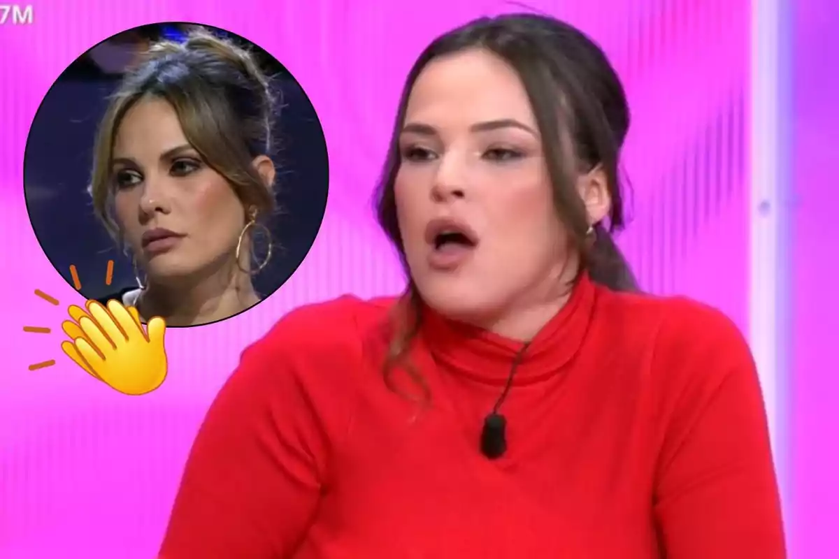 Marta Peñate con un suéter rojo está hablando en un programa de televisión, mientras que en un recuadro circular aparece Jessica Bueno con expresión seria y un emoji de aplauso.