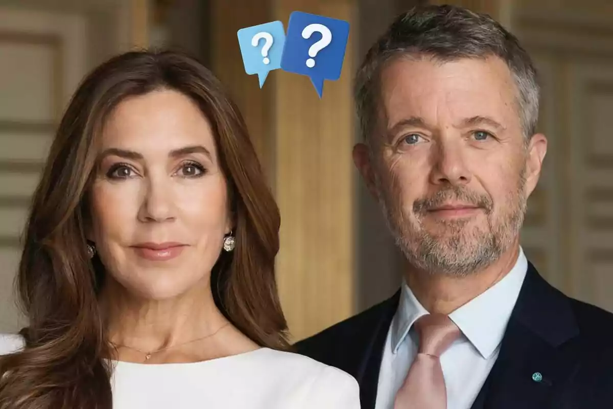 Mary and Frederick of Denmark posing together with serene expressions and two question mark icons above them.