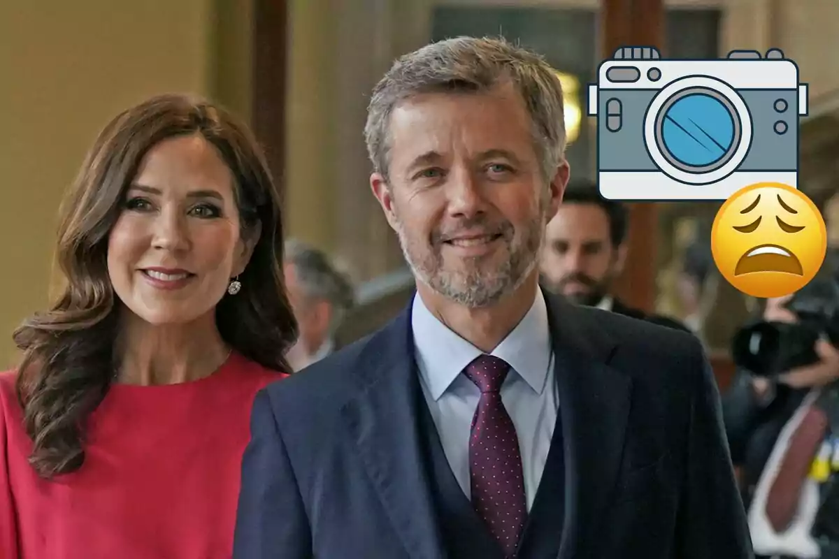 Mary and Frederick of Denmark smiling, dressed elegantly with a camera emoji and a tired face emoji overlaid.