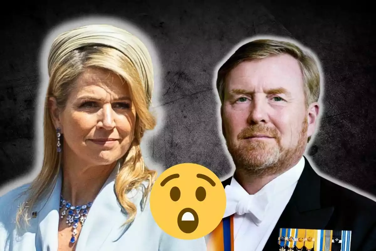 Queen Máxima of the Netherlands elegantly dressed and King Willem of the Netherlands in formal attire appear together against a dark background with a surprised emoji in the center