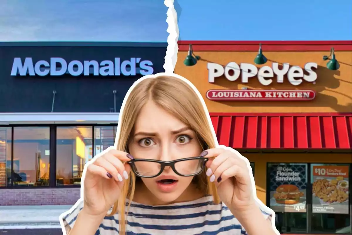 Una mujer sorprendida sostiene sus gafas frente a los restaurantes McDonald's y Popeyes, divididos por una línea rasgada en el centro.