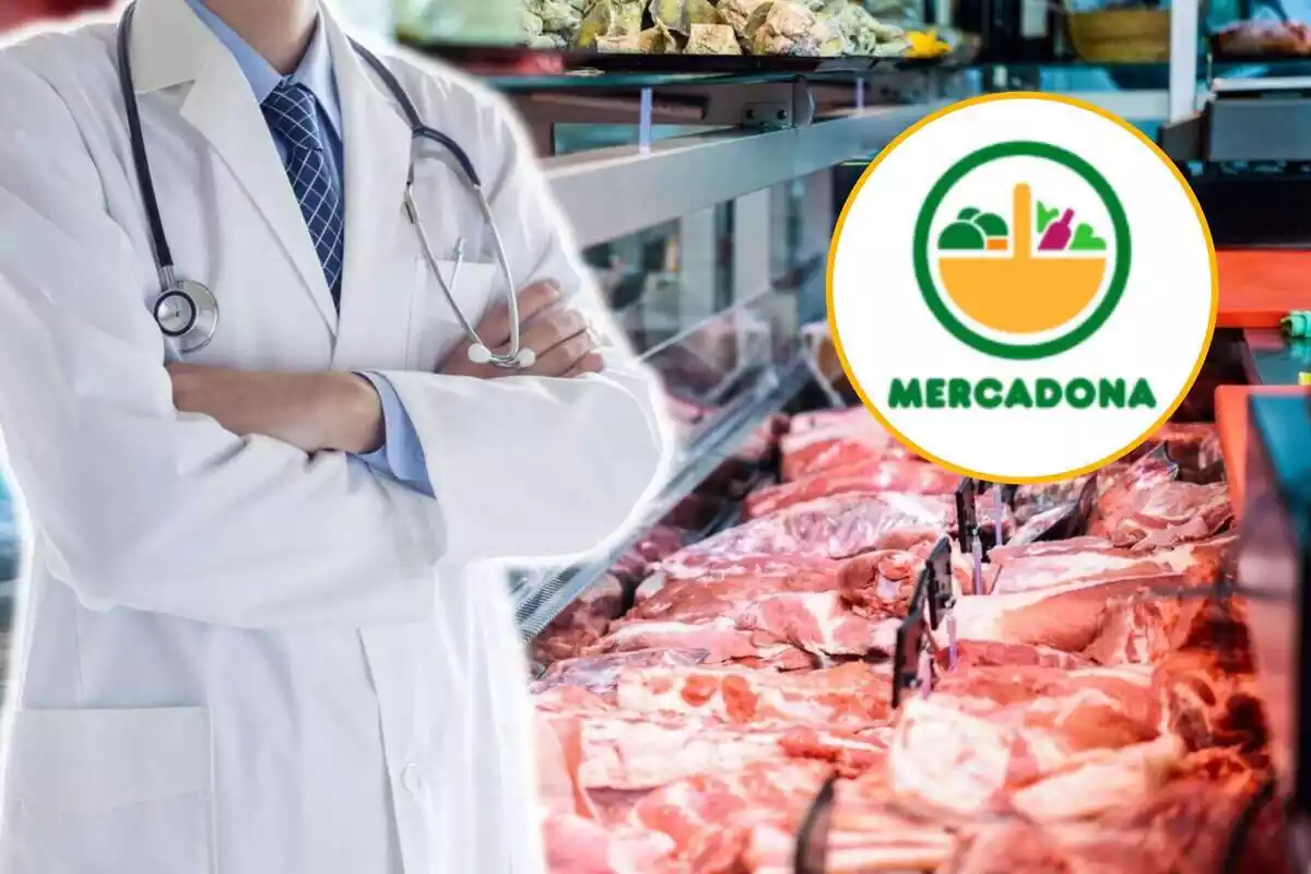 Montaje de un médico, una carnicería y el logo de Mercadona