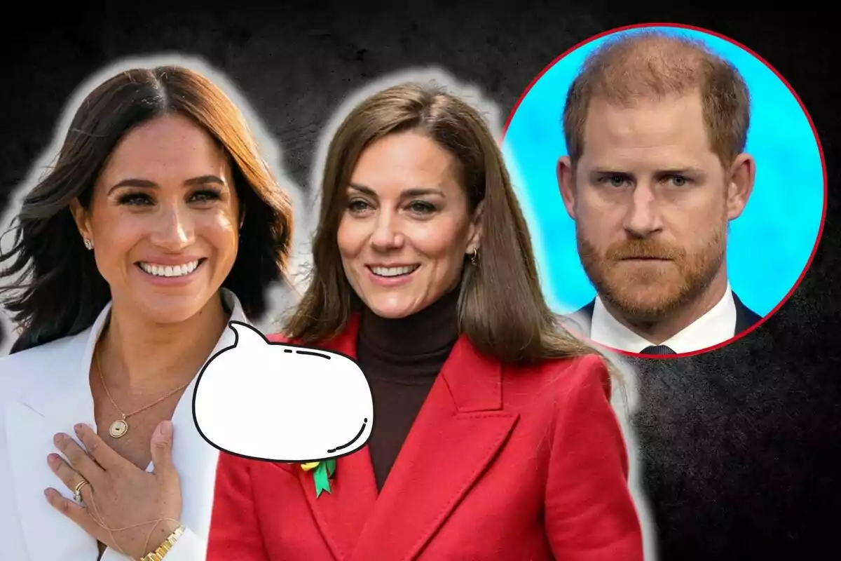 Meghan Markle, Kate Middleton, and Prince Harry in the foreground, two smiling women and a man with a serious expression in the background, against a dark backdrop with an empty speech bubble.